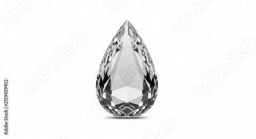 A faceted clear crystal teardrop gemstone isolated on a white background, showcasing brilliant facets and transparency.
