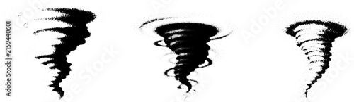 Set of Three Stylized Tornado Cyclone Silhouettes with Grainy Stippled Texture Isolated on White Background