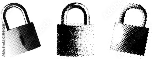 Set of Three Retro Padlock Vector Icons with Halftone and Stipple Texture in Black and White