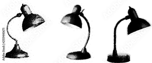 Halftone Stipple Style Desk Lamp Vector Set in Black and White Vintage Design
