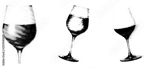Wine glass set with halftone dot pattern, black and white minimalist alcohol drink vector illustration for graphic design