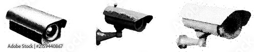 Set of Three CCTV Security Camera Icons in Black and White Halftone Stipple Style for Surveillance and Protection Concepts