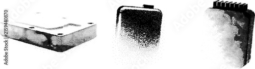 Abstract Black and White Halftone Textured Industrial Shapes with Grainy Stipple Effect Vector Set