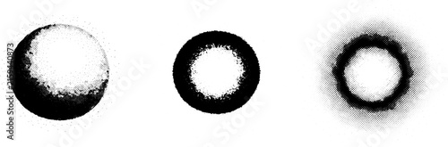 Set of Three Black and White Halftone Circle Vectors with Stipple Grain and Distressed Textures for Retro Graphic Design