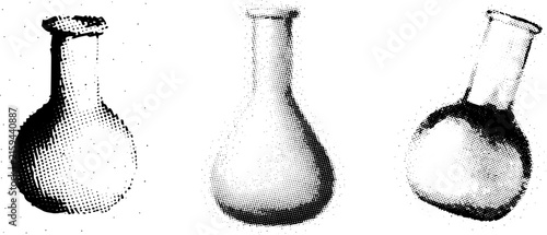 Set of three lab flasks in retro halftone dotted style on white background Vintage laboratory glassware vector illustration