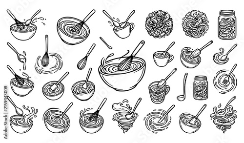 Baking and Cooking Mix Vector Set with Whisking Bowls Stirring Spoons Fermentation Jars and Liquid Batter Splashes for Recipe Book Menu Designs