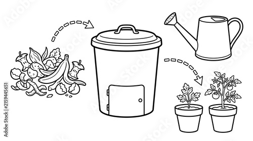 Compost bin with fruit scraps, watering can, and growing tomato plants, illustration of organic waste recycling