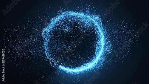 bstract glowing blue particle circle emerging from a deep dark background