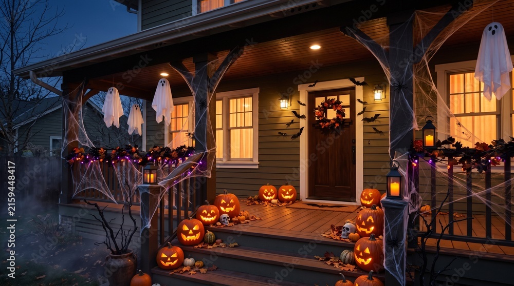 Obraz premium Spooky Halloween House Porch Decoration with Jack-o-Lanterns and Ghost Figures at Night