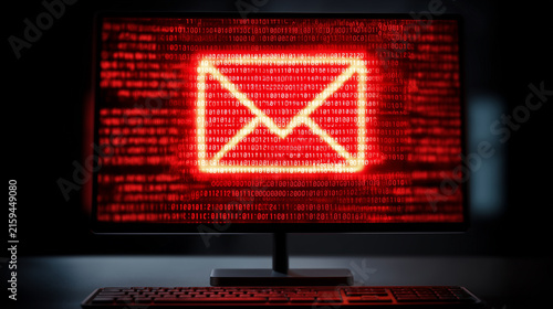 Red email digital symbol on computer screen with code security.