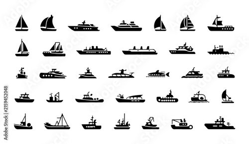 Foto Variety of black boat icons representing different types of ships and vessels for transportation designs