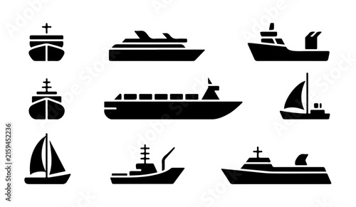 Collection of various ship and boat silhouettes for marine transportation themes.