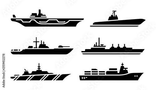 Military ship silhouettes collection featuring black aircraft carrier and battleship icons for naval design.