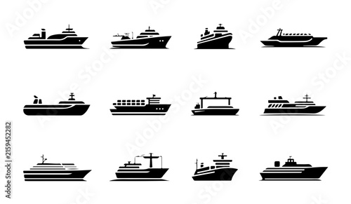 Collection of various shipping vessel icons showcasing modern cargo ships passenger boats and maritime transport.