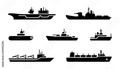 Maritime vessel icons set including black submarine and cargo ship silhouettes for nautical industry themes.