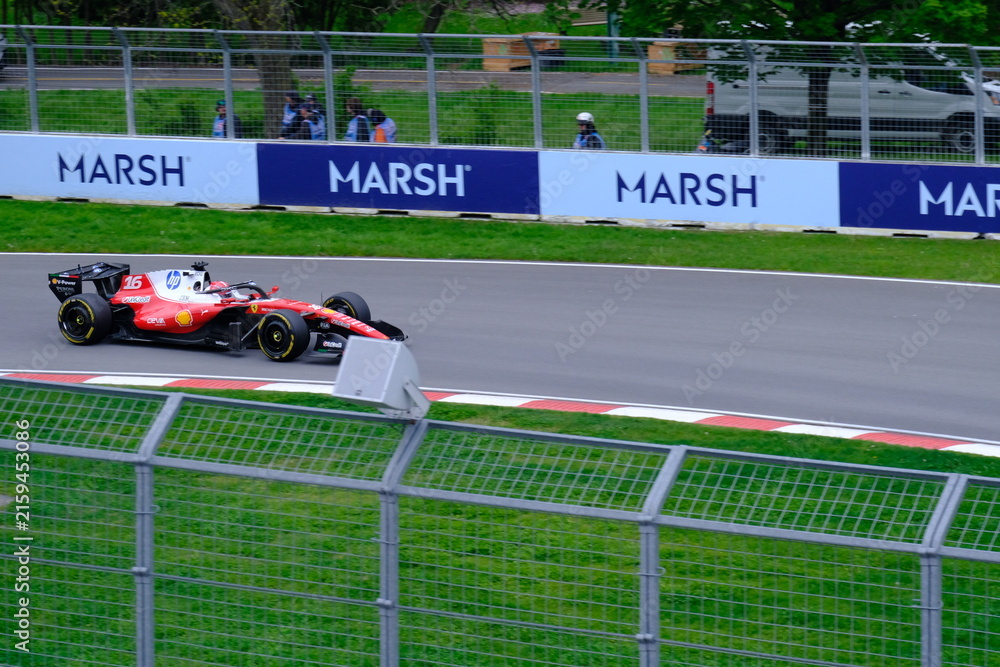 Fototapeta premium May 24, 2025, Montreal, Canada, Charles Leclerc drives Ferrari F1 car at Circuit Gilles Villeneuve. g.