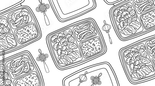 Outline vector illustration of bento boxes with healthy food portions, seamless pattern with decorative knots and lanterns
