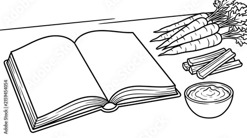 Open recipe book with carrots, celery sticks, and dip, black and white line art illustration