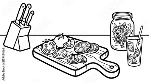 Sliced tomatoes and onions on a wooden cutting board with a knife block, jar of herbs, and glass of iced drink