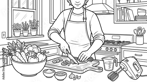 Person in apron chopping vegetables on cutting board in kitchen, fresh ingredients, cooking preparation, line art illustration