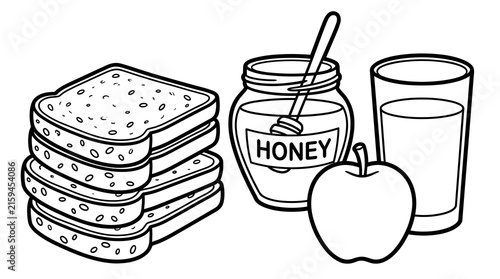 Stack of whole grain bread slices, honey jar with dipper, glass of liquid, and an apple
