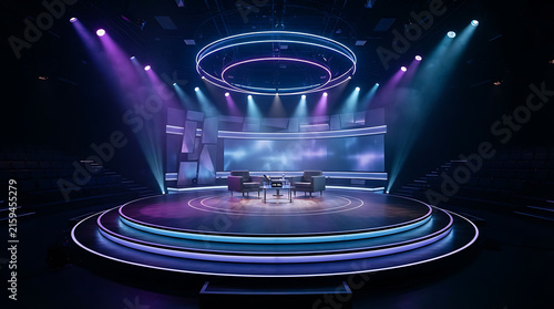 Circular stage set for television show with neon lighting and modern studio background