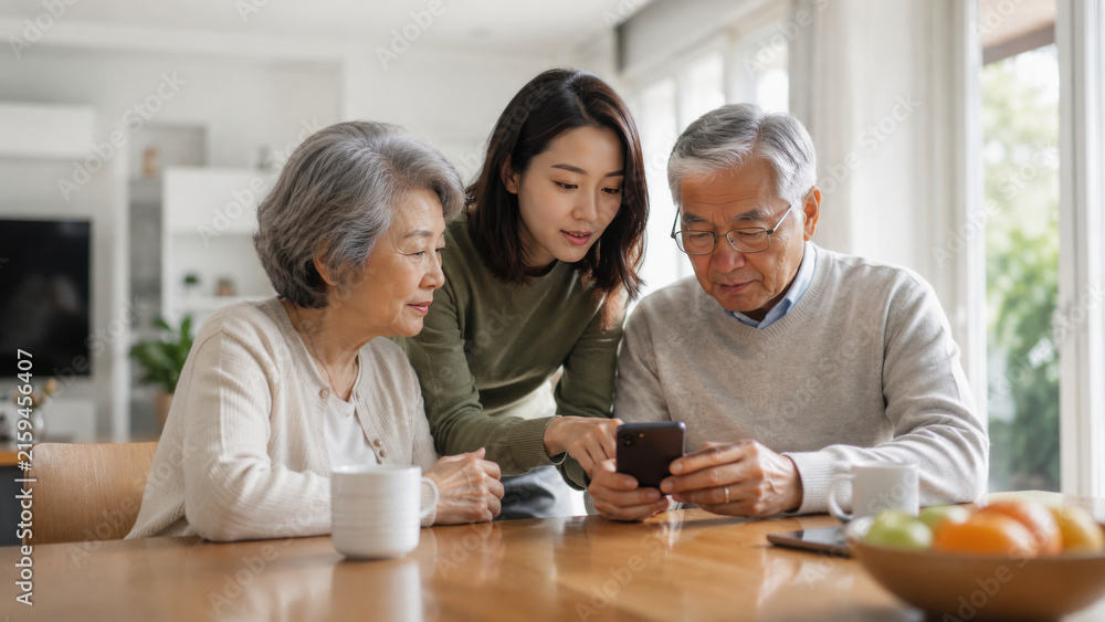 Obraz premium Happy Asian family sharing chat history on smartphone
