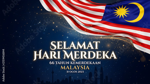 Selamat Hari Merdeka greeting with wavy Malaysian flag on starry deep blue night sky