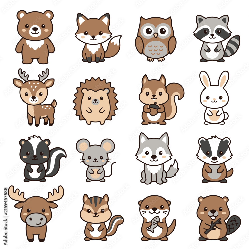 Obraz premium Cute Kawaii Woodland Animals Collection Isolated on Transparent Background