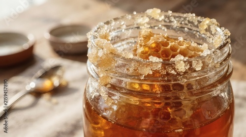 Macro Shot Honey Crystallizing Edge Jar Golden Light Refracting Through Comb Suspended Inside

