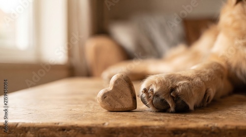 Dog Paw Beside Wooden Heart Symbolizing Pet Love and Companionship