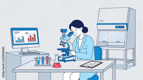 Scientist examining sample under microscope in modern laboratory with computer and equipment, flat design vector