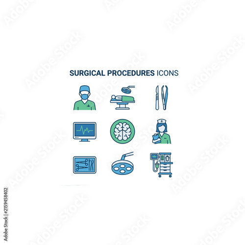 Set of flat design medical icons for surgical procedures, including surgeon, patient, instruments, monitor, brain, nurse, and equipment