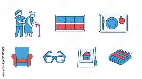 Senior care icons: caregiver assisting elder, pill organizer, meal tray, armchair, glasses, framed photo, blanket
