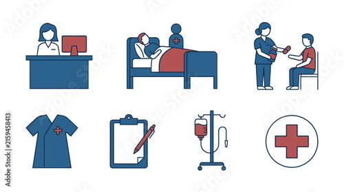 Set of flat design medical icons: reception, patient bed, nurse with medicine, scrubs, clipboard, IV drip, and medical cross.