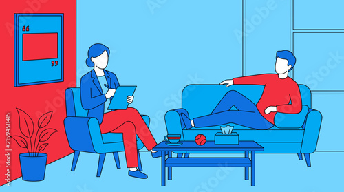 Therapist with notepad talks to patient on couch in office, flat design illustration