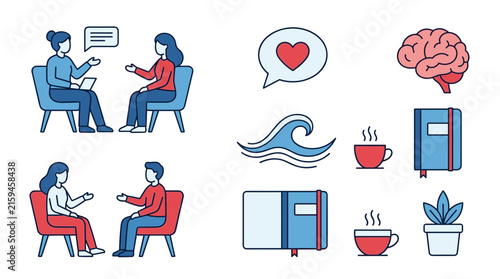 Vector icon set for mental health support, therapy sessions, brain, heart, wave, books, coffee, plant
