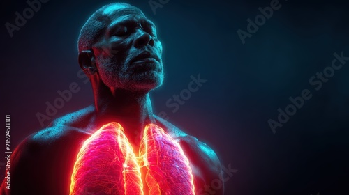 Senior Man with Glowing Red Glowing Lungs Experiencing Chest Pain and Respiratory Illness Concept
