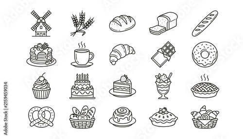  Bakery and pastry line art icon set vector illustration featuring bread windmill croissants donuts cakes pie pretzel coffee and sweet dessert shop artifacts design.svg
