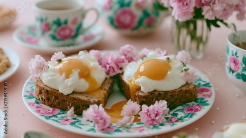 Delicious poached eggs on toast garnished with flowers, served on a floral plate with coffee and sweet treats in a cozy breakfast setting