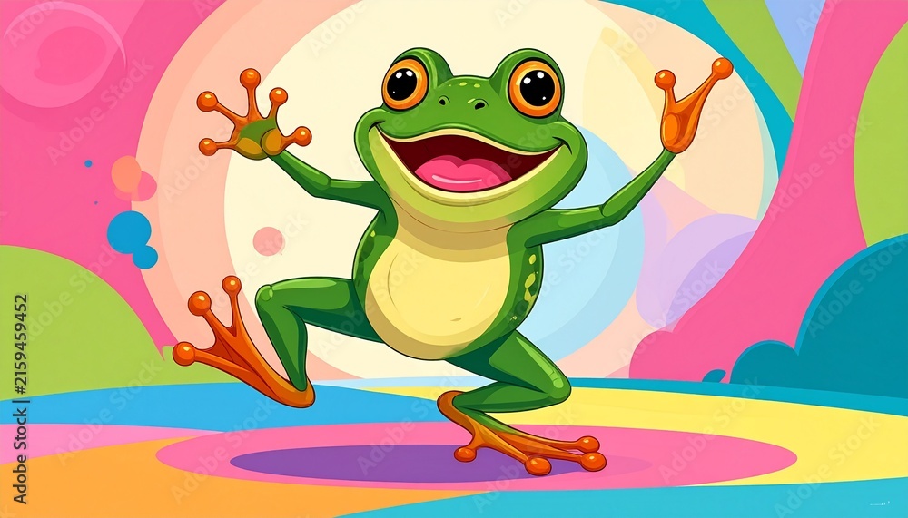Fototapeta premium Colorful cartoon frog dancing joyfully on rainbow background with happy expression and waving arms