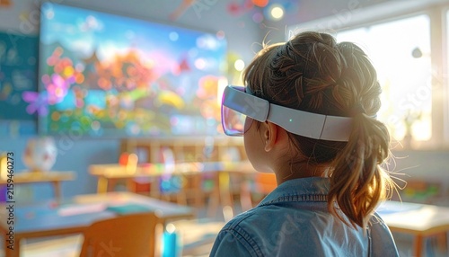 Immersive Education: A young student experiences a vibrant virtual reality lesson, with a fantastical animated world projected on the classroom screen.