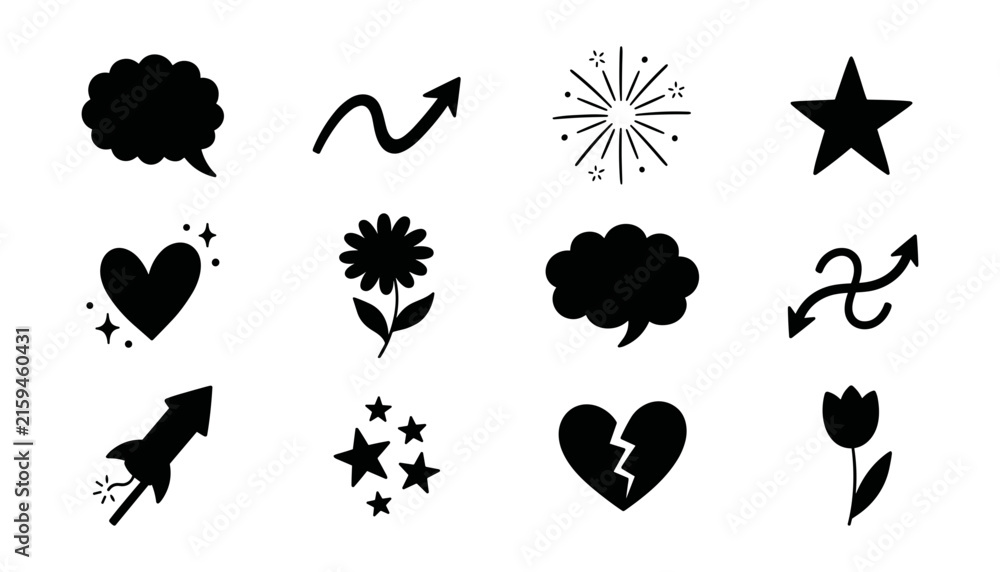 Fototapeta premium Decorative Abstract Symbols Silhouette Vector Icon Set Featuring Speech Bubble Arrow Sparkle Star Heart Flower Firework Rocket Broken Heart Tulip