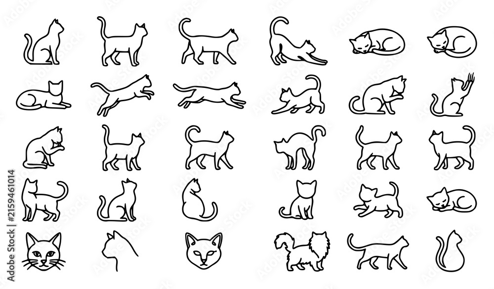 Obraz premium Cat Line Icon Set Kitten Pet Feline Animal Kitty Sitting Sleeping Walking Vector Illustration Collection