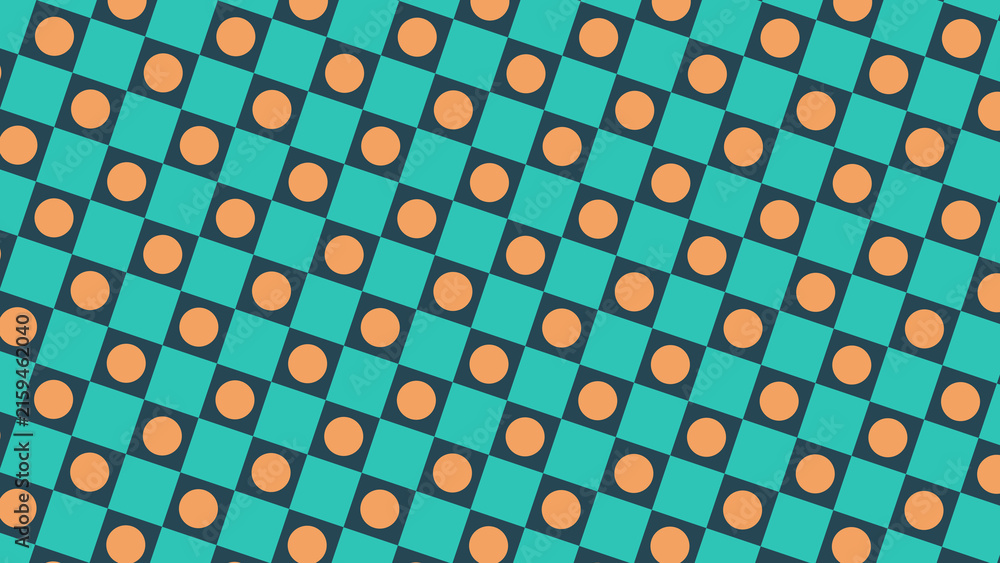 Fototapeta premium Geometric seamless pattern with teal squares and orange circles on a dark background
