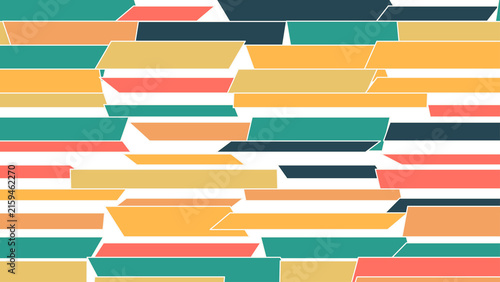 Abstract geometric background with colorful horizontal stripes and modern layered shapes.