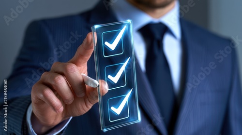 A businessman in a suit checking off items on a digital checklist with glowing checkmarks