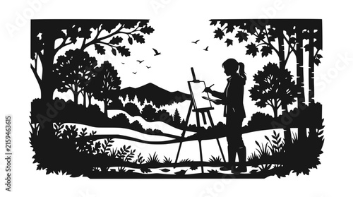 Silhouette of an Artist Painting a Scenic Landscape