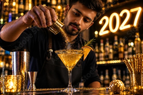 Professional bartender preparing a golden cocktail for New Year 2027 celebration at a bar