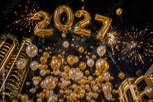Gold 2027 balloons with fireworks at night for New Year celebration and festive party event.